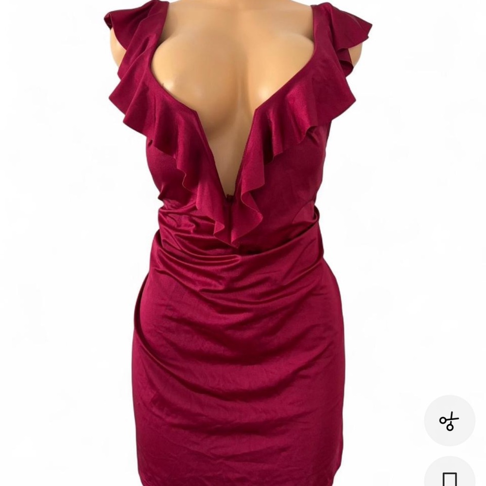 Plunge Ruffle Mini Dress in Wine Red